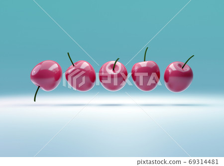 red cherries in a row on blue background. 3d illustration red cherries in a row on blue background. 3d illustration 69314481