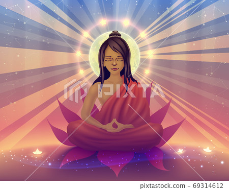 Buddhist sits in deep meditation and concentration in a state of samadhi, yogi, ascetic doing retreat, saint, enlightened, awakened buddha, satsang teacher in orange clothing vector illustration. 69314612