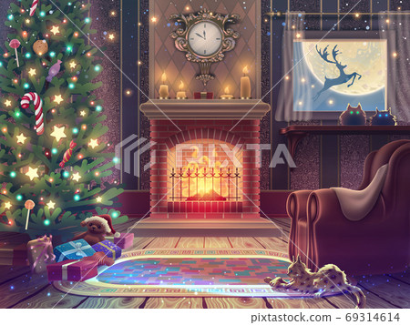 Magic Happy New Year greeting card with Christmas tree, gifts, candies, fireplace and armchair in magic luxury room. Vector digital merry holiday illustration. Magic Happy New Year greeting card with Christmas tree, gifts, candies, fireplace and armchair in magic luxury room. Vector digital merry holiday illustration. 69314614