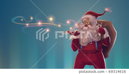 Holiday illustration with cartoon Santa Claus character in red clothes with bag of gifts in vector. Greeting card for Merry Christmas and Happy New Year, hand drawn winter artwork for poster design Holiday illustration with cartoon Santa Claus character in red clothes with bag of gifts in vector. Greeting card for Merry Christmas and Happy New Year, hand drawn winter artwork for poster design 69314616
