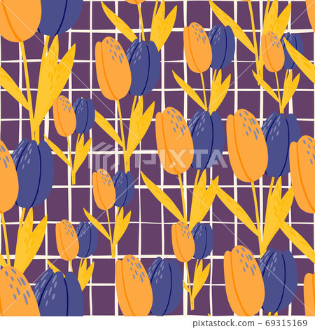 Random summer bright tulip seamless pattern. Yellow and indigo colored flowers on purple chequered background. Random summer bright tulip seamless pattern. Yellow and indigo colored flowers on purple chequered background. 69315169