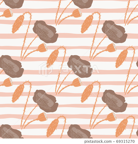 Pale seamless doodle pattern with brown flower elements. Stripped background with pink and white tones. 69315270