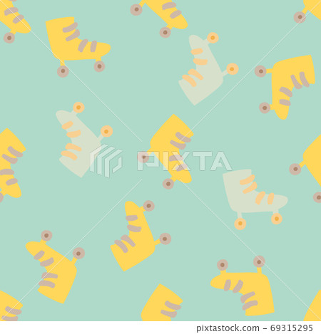80s seamless doodle pattern with roller elements. Random doodle shoes print in yellow color on blue background. 80s seamless doodle pattern with roller elements. Random doodle shoes print in yellow color on blue background. 69315295
