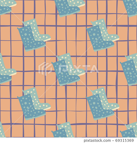 Blue shoes abstract shapes seamless pattern. Light orange chequered backgound. Autumn backdrop. 69315369