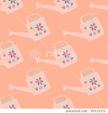 Soft pink watering can silhouettes seamless pattern. Gardenn tool ornament on light orange background. Soft pink watering can silhouettes seamless pattern. Gardenn tool ornament on light orange background. 69315370