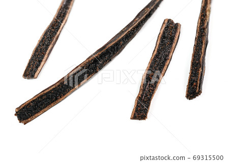 Vanilla pods cut with knife, black seeds visible, closeup macro detail photo isolated on white background 69315500