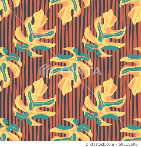 Orange monstera leaves seamless pattern. Stylized exotic print with stripped background. 69315600