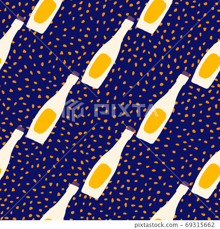 Bright seamless pattern with hand drawn bottles. White and yellow drink elements on navy blue dotted background. 69315662