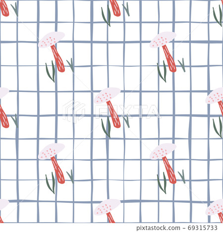 Forest seamless pattern with mushroom silhouettes. White background with check. Creative design. 69315733