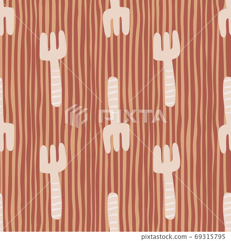 Light rake abstract shapes seamless pattern. Background with beige and maroon vertical strips. Garden tool print. 69315795
