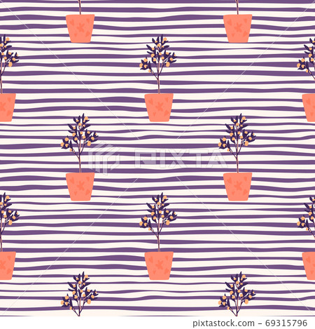 Bright decor seamless pattern with houseplants. Interiot botanic ornament with orange pots on purple stripped background. 69315796