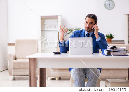 Young male employee working from house in self-isolation concept Young male employee working from house in self-isolation concept 69316155