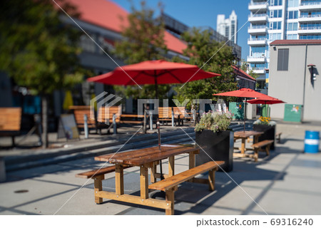 A photograph of a picnic table in a miniature style using tilt lenses, North Vancouver, British 69316240