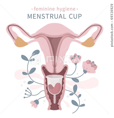 Menstrual cup in vagina with flowers on white 69316929