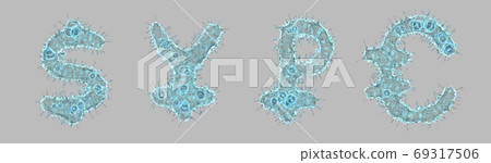 Alphabet made of virus isolated on gray background. Symbol dollar, yen, rouble, euro. 3d rendering. Covid font 69317506