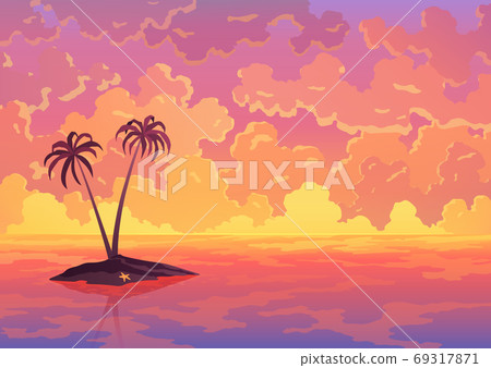 Landscape banner. Evening or morning view, sunset or sunrise in ocean. Pink clouds flying in sky to shining sun above sea with two palm on island sticking up of water surface. Cartoon illustration 69317871