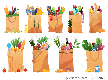 Collection of paper shopping bags products grocery. Vegetables, bread, dairy products, vine, meat and eggs. Grocery supermarket. Fresh healthy produce. Grocery delivery concept 69317872