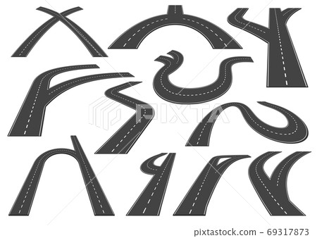 Bending roads, high ways or roadways. Collection of winding road design elements with white markings. Asphalt road curves, turns, bankings and perspectives. Set of curved and straight city roads 69317873