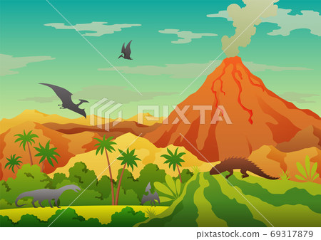 Prehistoric landscape - volcano with smoke, mountains, dinosaurs and green vegetation. Vector illustration of beautiful prehistoric landscape and dinosaurs 69317879