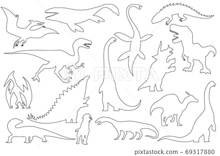 Dinosaur silhouettes set. Coloring dino monsters icons. Prehistoric reptile monsters. Vector illustration isolated on white. Black and white graphics 69317880