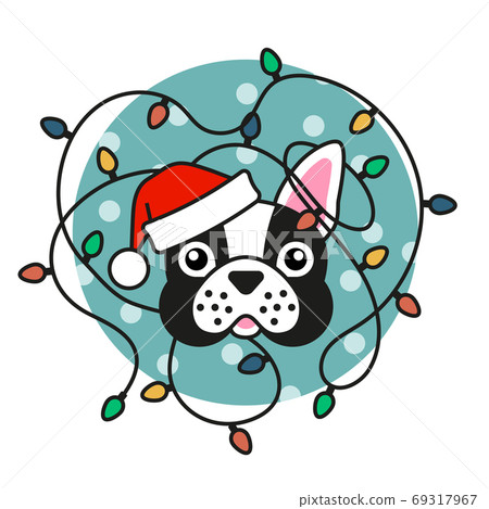 Cute pug dog in santa hat with christmas lights - Stock Illustration ...