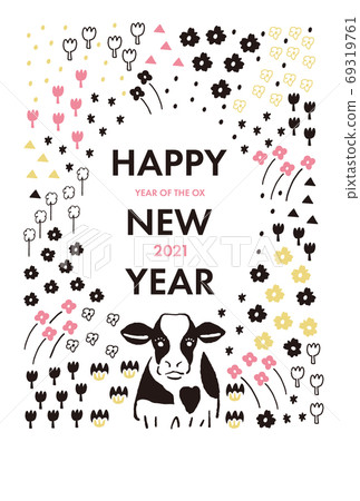 Stock illustration: 2021 cute new year's card with flowers and cows 69319761