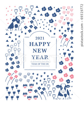 Stock illustration: 2021 cute new year's card with flowers and cows Stock illustration: 2021 cute new year's card with flowers and cows 69319772