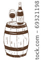 復古和時尚的線條畫插圖材料：酒杯，酒瓶和酒桶 69321198