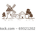 插圖素材：景觀草圖/線條圖/帶有復古風車的鄉村景觀 69321202