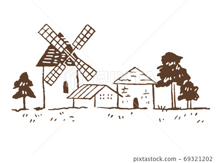 Illustration material: Landscape sketch / line drawing / rural landscape with a retro and fashionable windmill 69321202