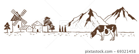 Retro and fashionable illustration material: Ranch landscape sketch with windmill / Rural landscape / Line drawing Retro and fashionable illustration material: Ranch landscape sketch with windmill / Rural landscape / Line drawing 69321458