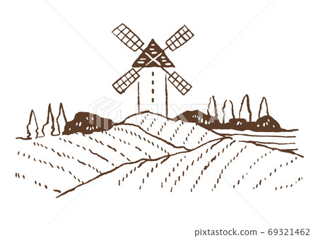 復古和時尚的插圖素材：風車/葡萄園/線描的歐洲鄉村 69321462
