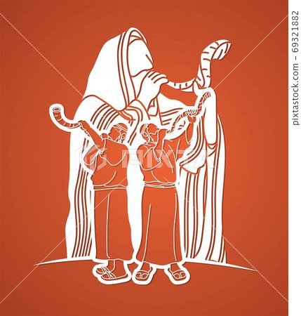 Feast of trumpets.Group of Jewish people blowing the shofar horn cartoon graphic vector 69321882