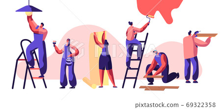 Repair Service Professional Worker Woman on Ladder 69322358