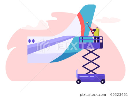 Man Washer Cleaning Tail Part from Plane Character 69323461
