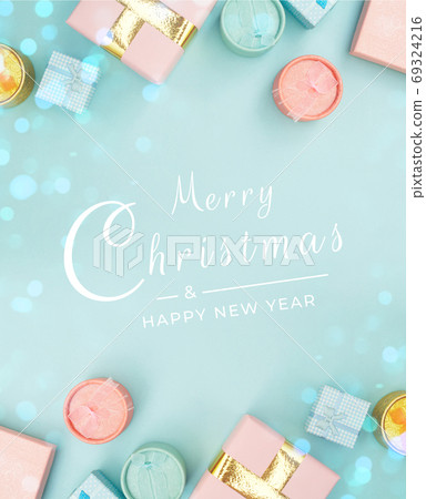 Merry Christmas composition, gifts on pastel blue background 69324216