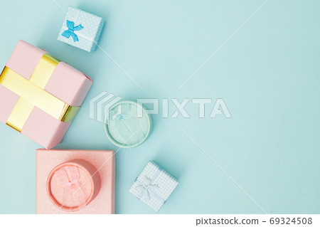 gift boxes on blue pastel background, copy space, Flatlay gift boxes on blue pastel background, copy space, Flatlay 69324508