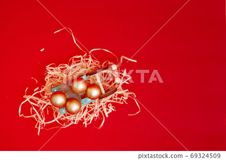 Christmas composition, gifts on red background, copyspace Christmas composition, gifts on red background, copyspace 69324509