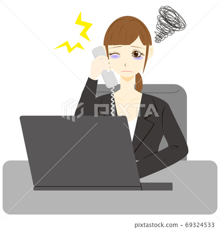Personal computer, female office worker, landline phone, troubled Personal computer, female office worker, landline phone, troubled 69324533
