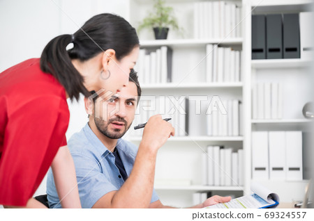 Coworking process, Corporate employees team working brainstorm project with computer desktop Coworking process, Corporate employees team working brainstorm project with computer desktop 69324557