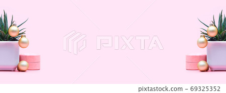 Banner aloe concept with christmas balls on a pastel pink background, copyspace Banner aloe concept with christmas balls on a pastel pink background, copyspace 69325352