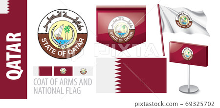 Vector set of the coat of arms and national flag of Qatar 69325702