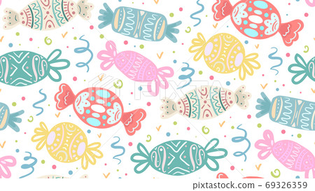 Seamless texture with cartoon multicolored festive candies of various shapes. 69326359