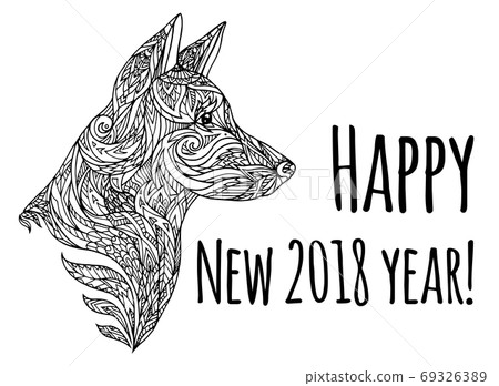 Greeting card with Doodle illustration of a dog head with a tribal pattern. 69326389