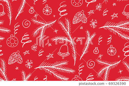Christmas seamless pattern with spruce branches, snowflakes and ornaments in rustic style. 69326390