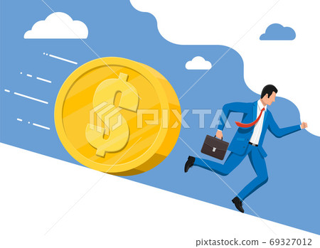 Businessman running away from big debt weight Businessman running away from big debt weight 69327012