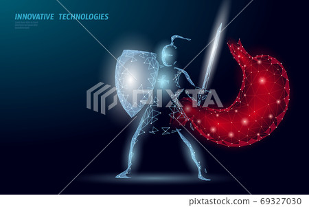 Human stomach microscopic 3D protection probiotics. Healthy normal digestion knight character flora of human intestine. Modern science medicine allergy immunity thearment vector illustration Human stomach microscopic 3D protection probiotics. Healthy normal digestion knight character flora of human intestine. Modern science medicine allergy immunity thearment vector illustration 69327030