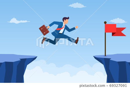 businessman jump through the gap in the rocks. 69327091