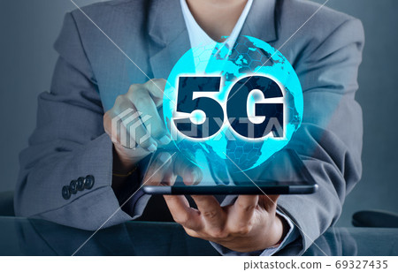 phone 5g Earth businessman connect worldwide waiter hand holding an empty digital tablet with smart and 5G network connection concept 69327435