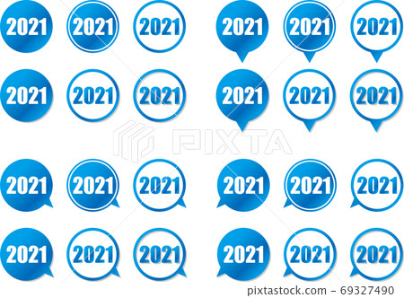 A blue gradation circular balloon with 2021 characters, arrow direction and shaded variation set 69327490